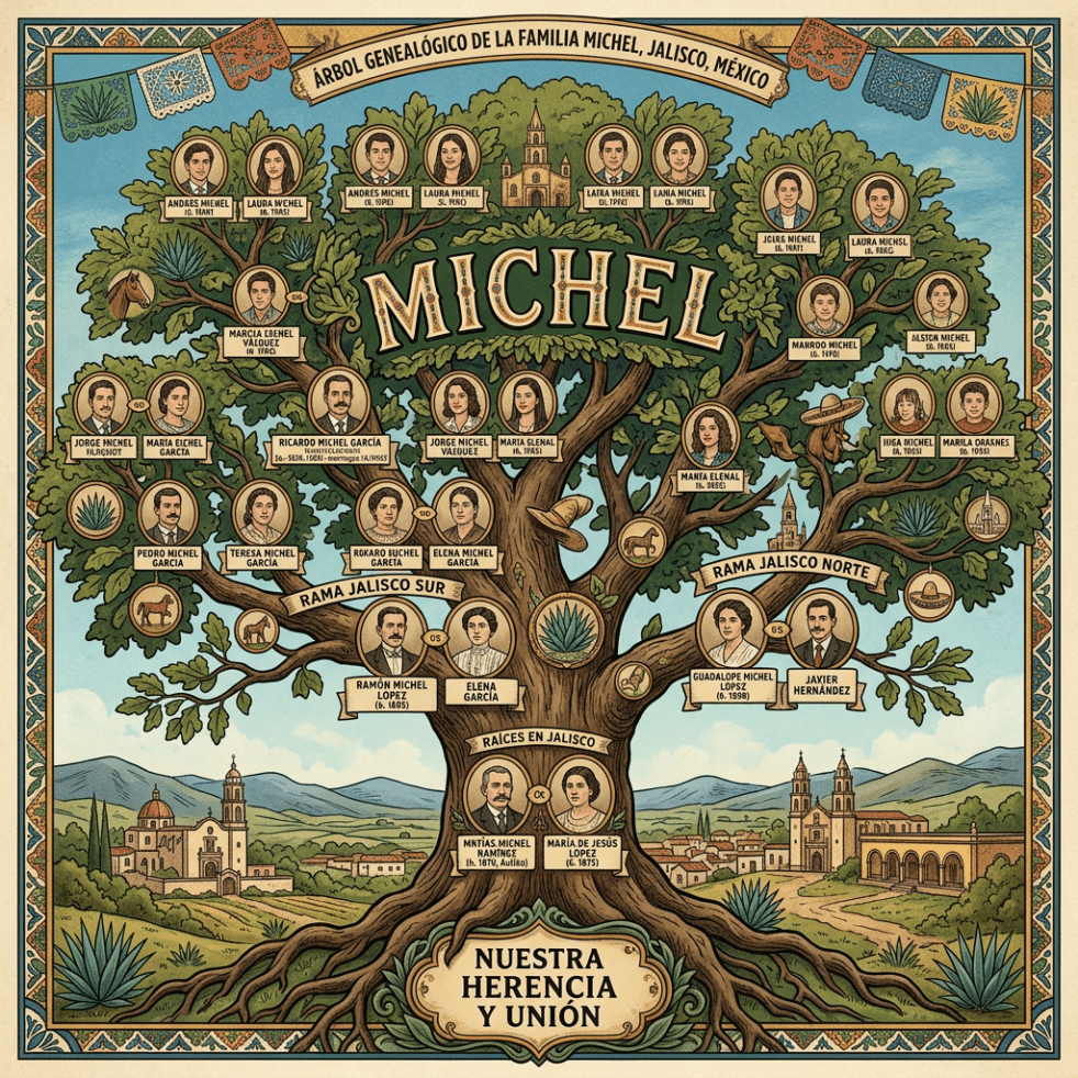 Detailed Michel family genealogy tree with portraits and names in Jalisco, Mexico.